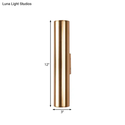 Modern gold metal wall lamp for corridor, cylindrical fixture, 12 in tall, 3 in wide on Tampa Home & Garden Store