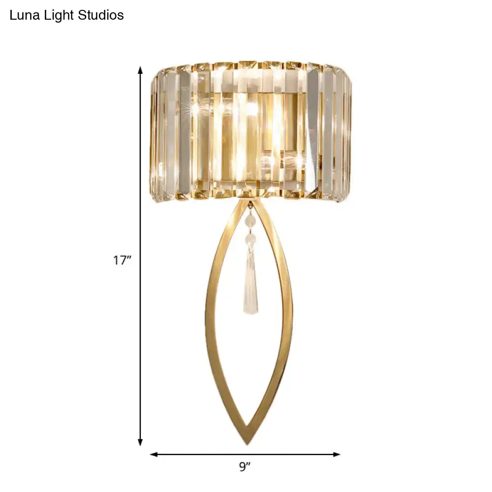 Gold crystal drum sconce with oval gold frame and hanging prisms, dual-light, Decorbites on Tampa Home & Garden Store