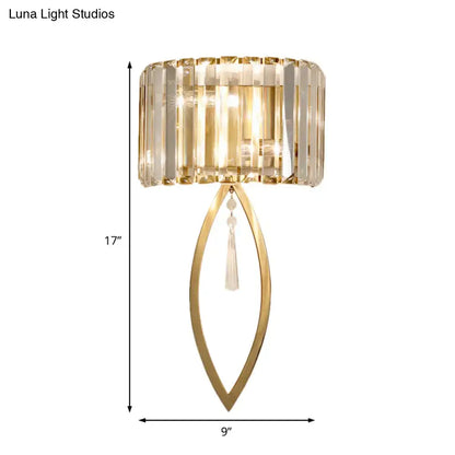 Gold crystal drum sconce with oval gold frame and hanging prisms, dual-light, Decorbites on Tampa Home & Garden Store