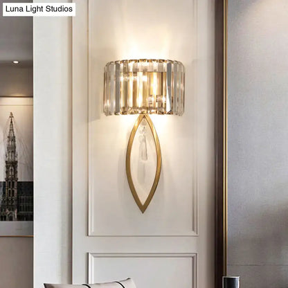 Gold crystal drum sconce by Decorbites with dual-light metallic finish and teardrop backplate on Tampa Home & Garden Store