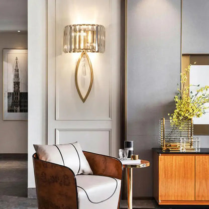 Gold Crystal Drum Sconce dual-light metallic wall light with glass drum shade Decorbites on Tampa Home & Garden Store