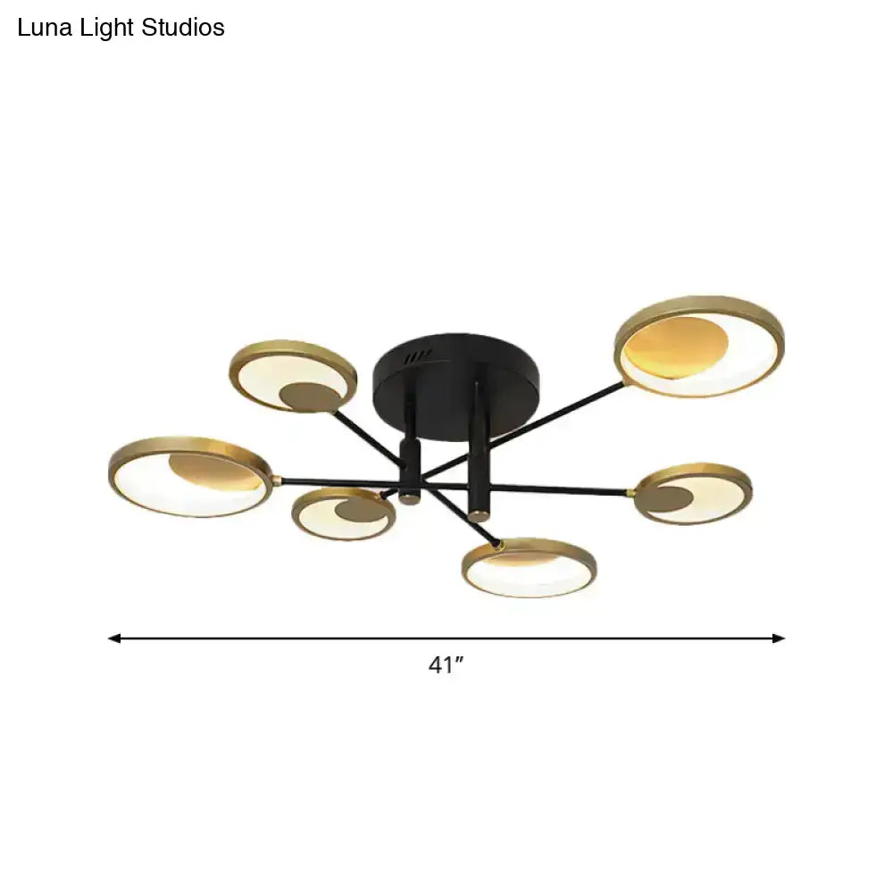 Gold Molecule Ceiling Chandelier with black arms and six gold ring lights, 41-inch span on Tampa Home & Garden Store