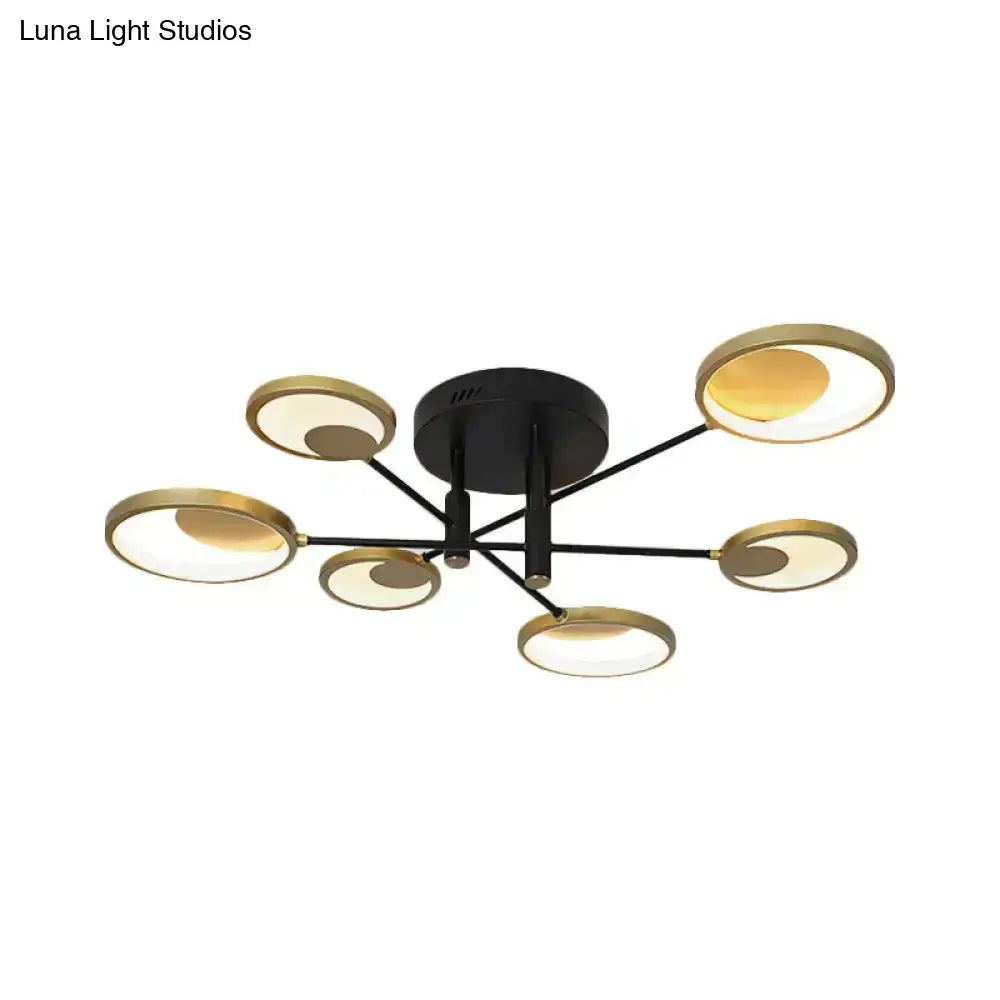 Gold Molecule Ceiling Chandelier 6-arm black metal hub with gold ring lights on Tampa Home & Garden Store