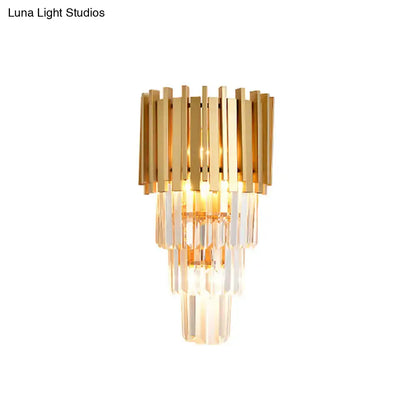 Gold crystal prism wall light with tiered gold bands and hanging crystal prisms on Tampa Home & Garden Store