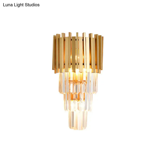 Gold crystal prism wall light with tiered gold bands and hanging crystal prisms on Tampa Home & Garden Store