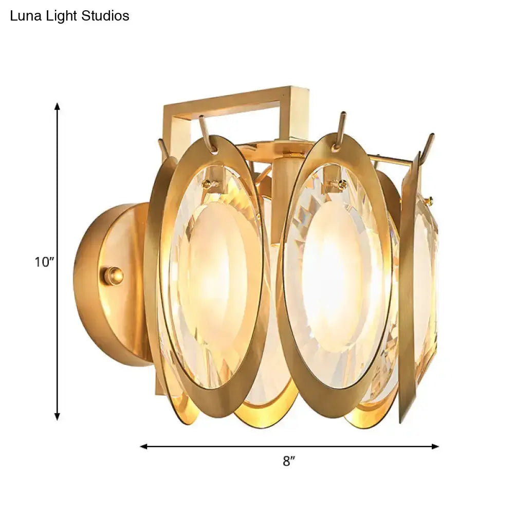 Modern gold oval crystal wall light with three crystal discs for living room by Decorbites on Tampa Home & Garden Store