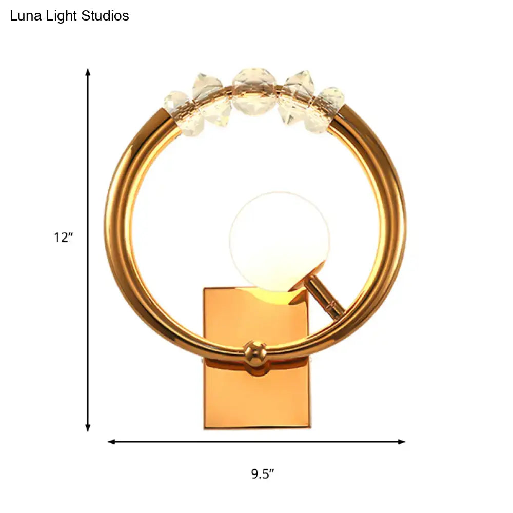 Gold crystal wall sconce with circular ring, LED globe, metal base, 12in x 9.5in on Tampa Home & Garden Store