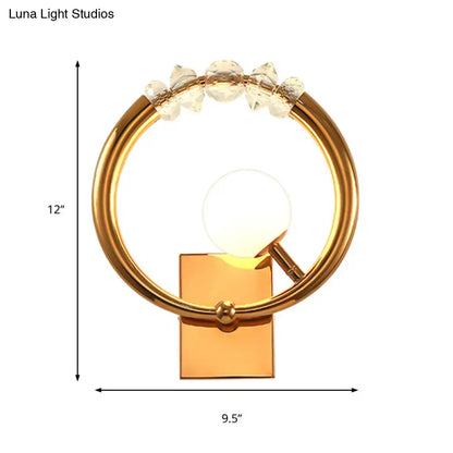 Gold crystal wall sconce with circular ring, LED globe, metal base, 12in x 9.5in on Tampa Home & Garden Store