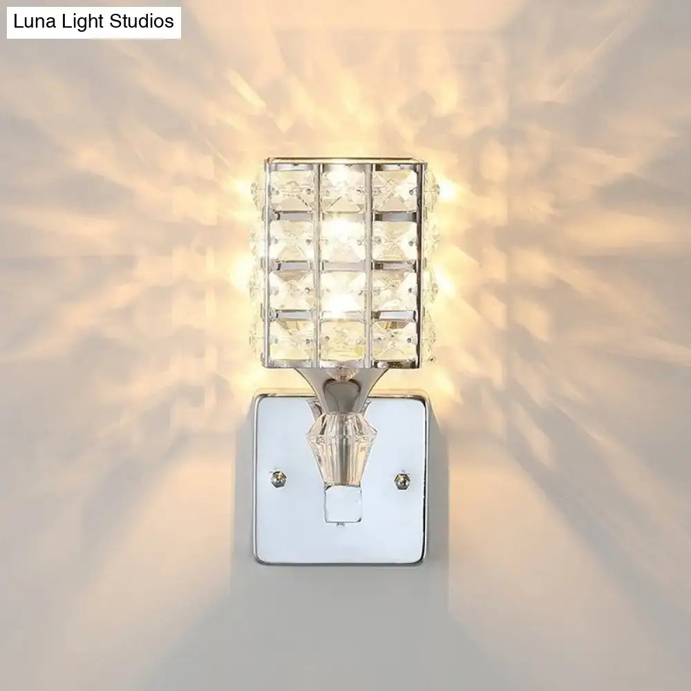 Gold Silver Crystal Sconce with grid crystal shade and chrome backplate casting warm light on wall on Tampa Home & Garden Store