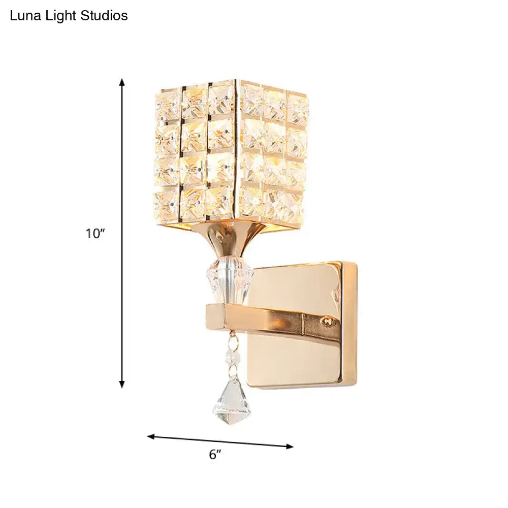 Decorbites gold-tone crystal sconce with cube glass shade and hanging prism, wall-mount on Tampa Home & Garden Store