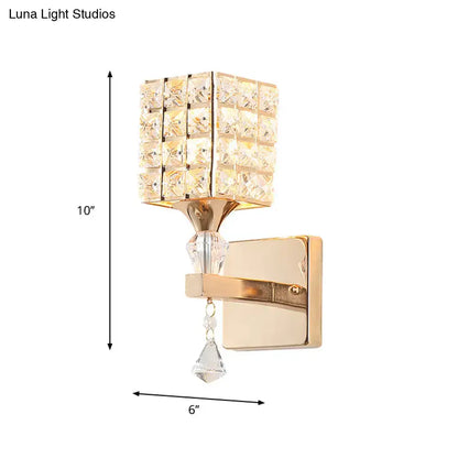 Decorbites gold-tone crystal sconce with cube glass shade and hanging prism, wall-mount on Tampa Home & Garden Store