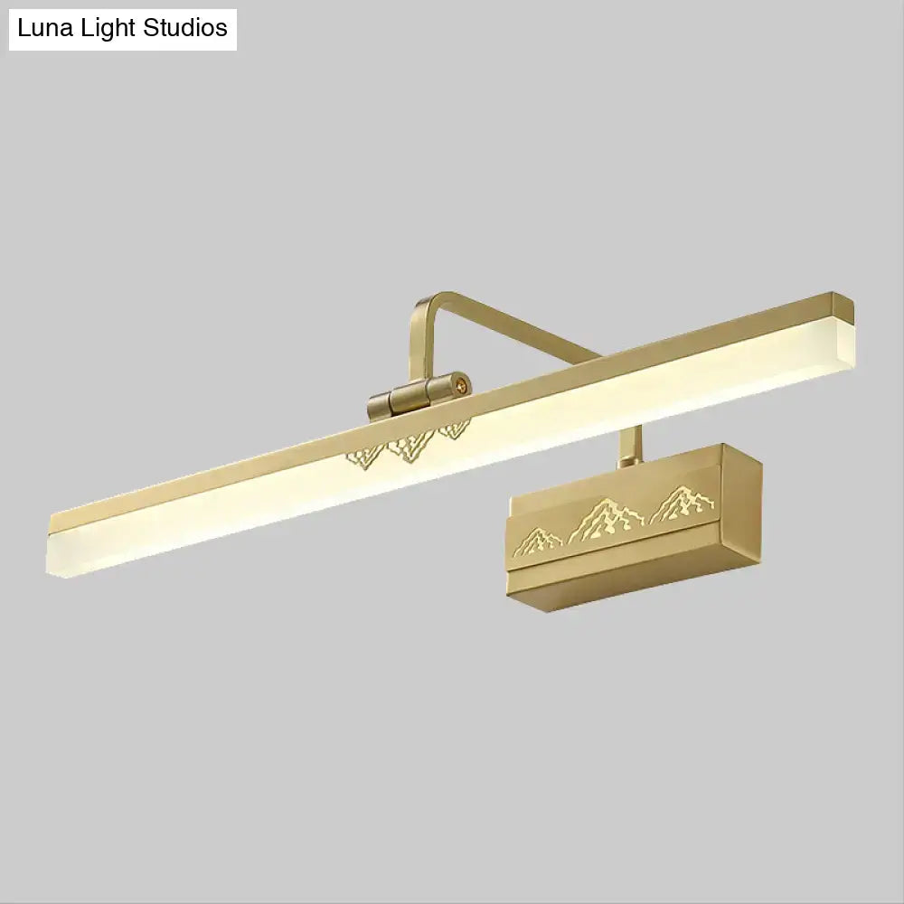 Brass swing-arm sconce with frosted light bar and mountain-engraved wall mount by Decorbites on Tampa Home & Garden Store