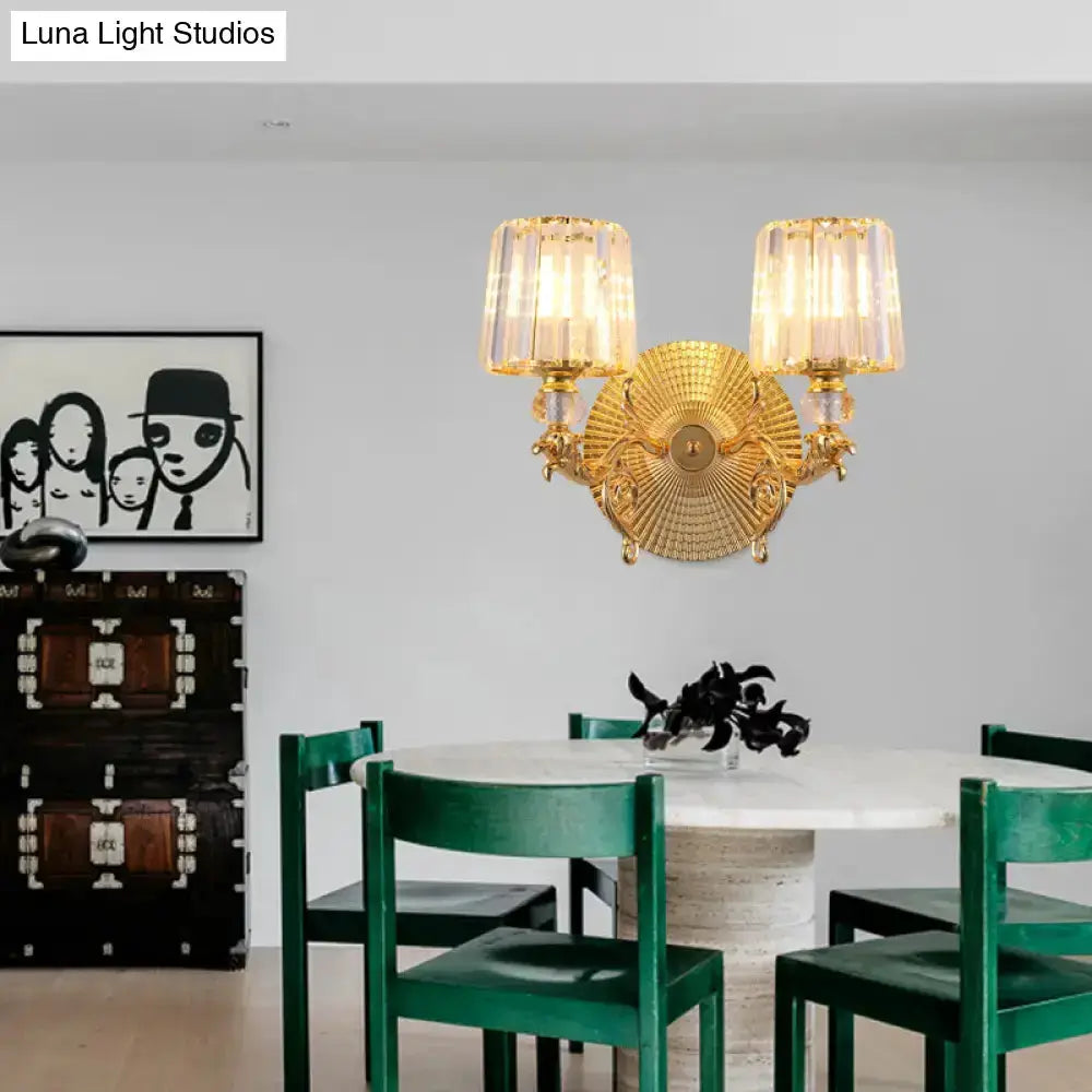 Modern gold double-arm wall light fixture with crystal accents and ribbed glass shades on Tampa Home & Garden Store