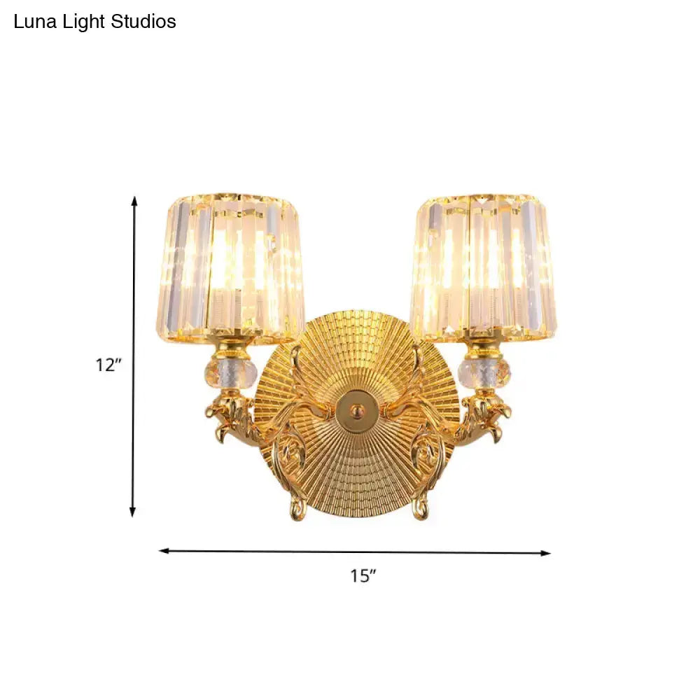 Modern gold crystal double-arm wall sconce with ornate backplate Decorbites on Tampa Home & Garden Store