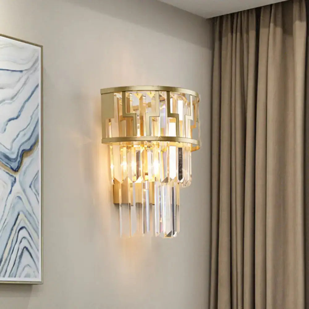 Gold Tiered Crystal Wall Lamp, gold finish with hanging crystal prisms, Decorbites, wall-mounted on Tampa Home & Garden Store