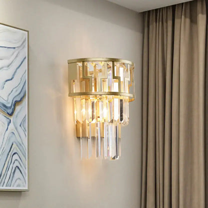 Gold Tiered Crystal Wall Lamp, gold finish with hanging crystal prisms, Decorbites, wall-mounted on Tampa Home & Garden Store