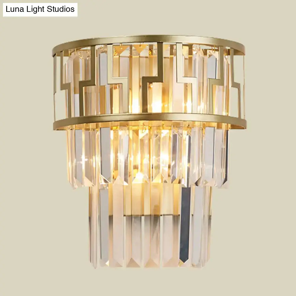 Gold Tiered Crystal Wall Lamp by Decorbites with gold frame and cascading crystal prisms on Tampa Home & Garden Store