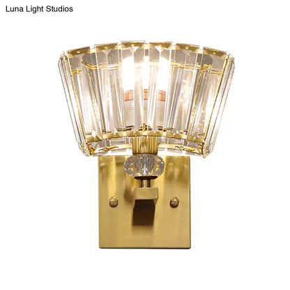 Gold Crystal Trapezoid Wall Sconce with faceted glass prisms and brass backplate on Tampa Home & Garden Store