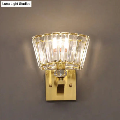 Gold Crystal Trapezoid Wall Sconce with brass backplate and crystal prism panels on Tampa Home & Garden Store