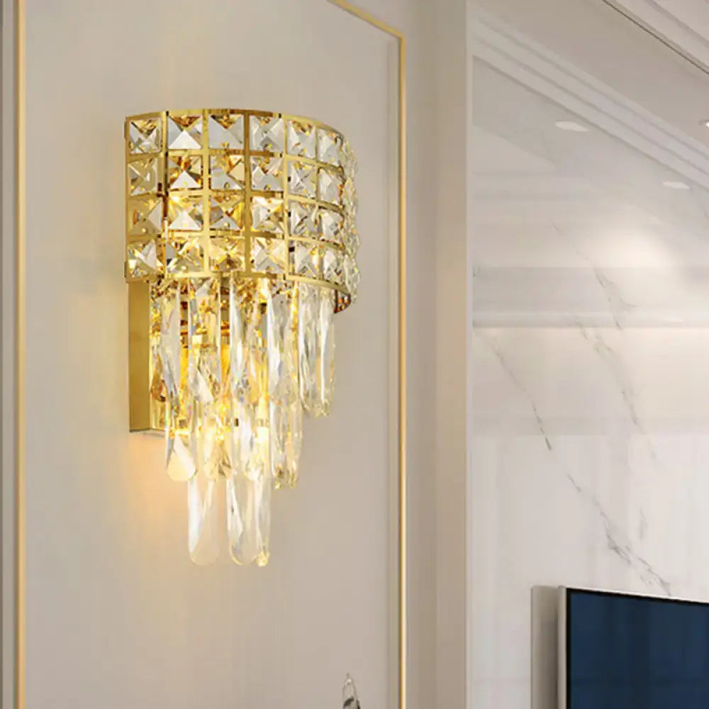 Gold-tone crystal wall lamp triangular-grid sconce with hanging prisms Decorbites on Tampa Home & Garden Store