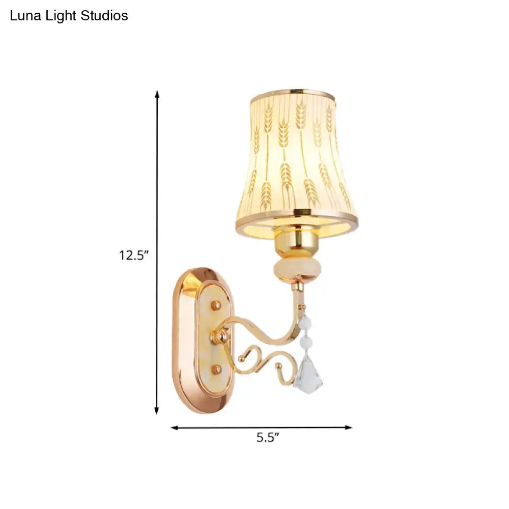 Gold Wheat Glass Arc Sconce by Decorbites; gold metal wall lamp with wheat glass shade on Tampa Home & Garden Store