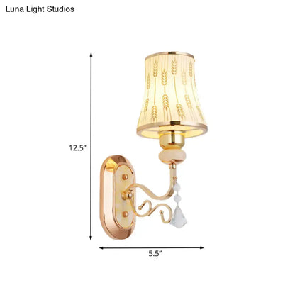 Gold Wheat Glass Arc Sconce by Decorbites; gold metal wall lamp with wheat glass shade on Tampa Home & Garden Store
