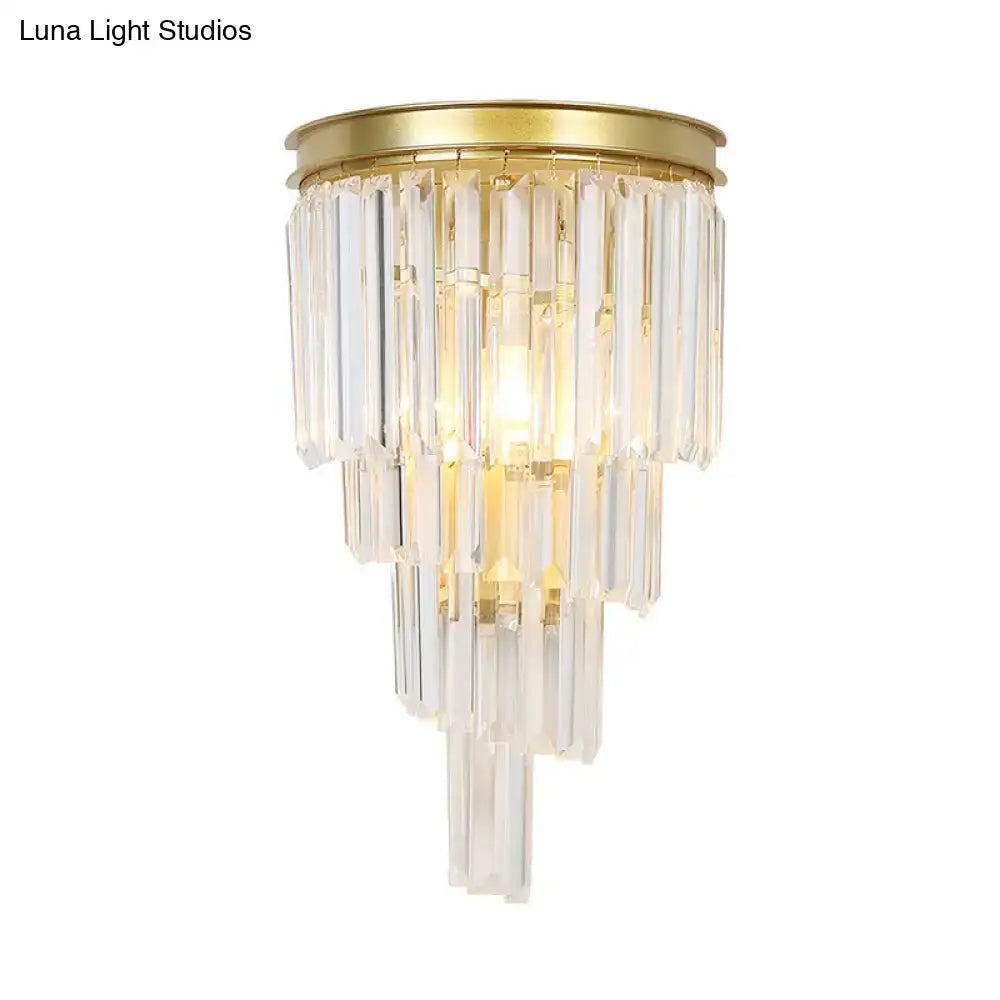 Gold crystal block sconce with hanging prisms by Decorbites for bath and bedroom on Tampa Home & Garden Store