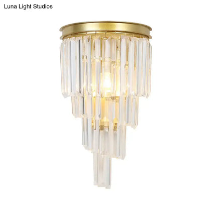 Gold crystal block sconce with hanging prisms by Decorbites for bath and bedroom on Tampa Home & Garden Store