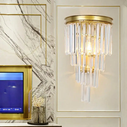 Decorbites Gold crystal block wall sconce with hanging prisms and gold mount on Tampa Home & Garden Store
