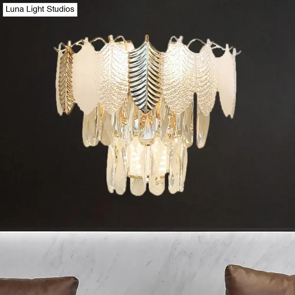 Gold acrylic leaf wall sconce with crystal drops on Tampa Home & Garden Store