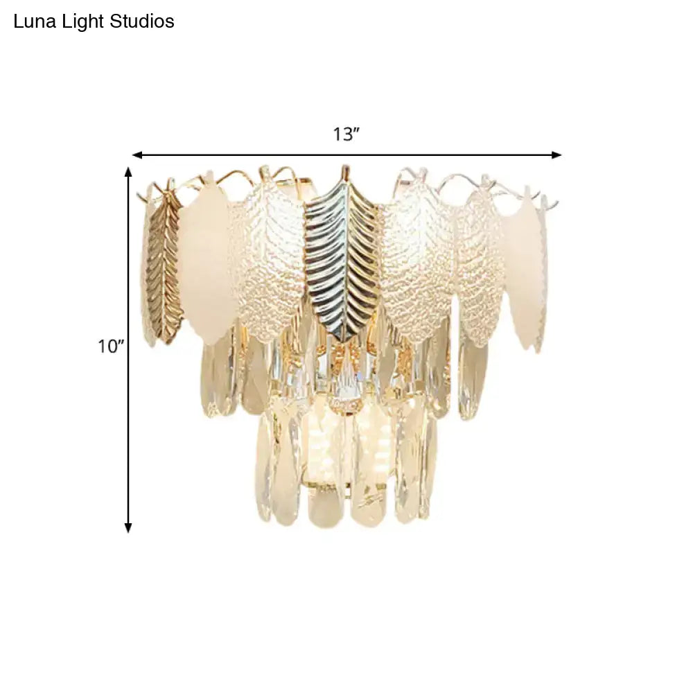 Gold acrylic leaf wall sconce with crystal prisms by Decorbites, 13in wide x 10in tall on Tampa Home & Garden Store