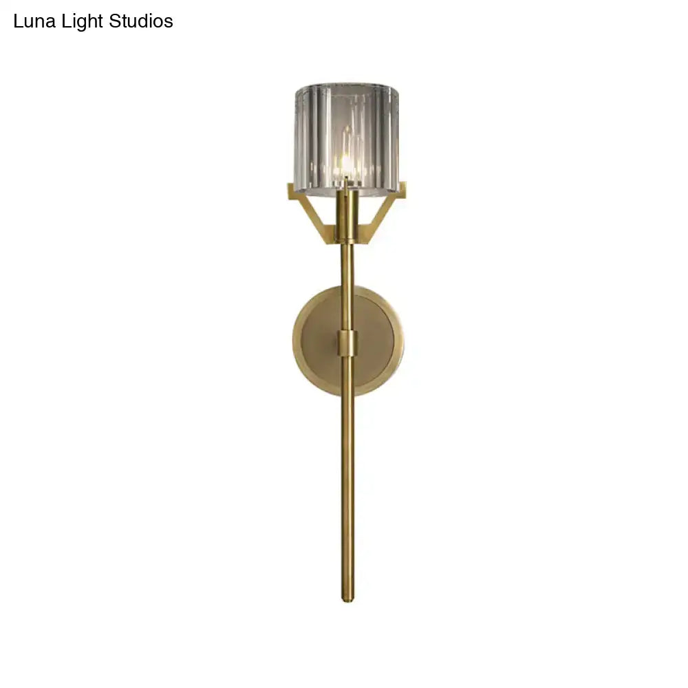 Gold crystal block pencil-arm wall sconce with ribbed glass shade by Decorbites on Tampa Home & Garden Store