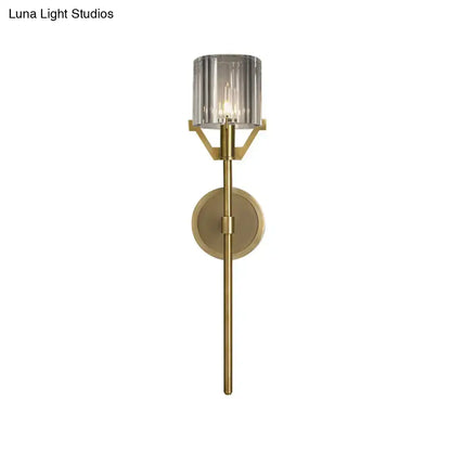 Gold crystal block pencil-arm wall sconce with ribbed glass shade by Decorbites on Tampa Home & Garden Store