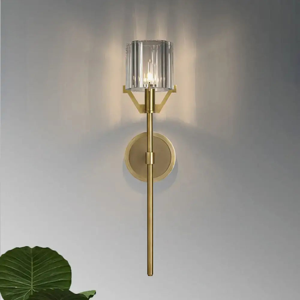 Gold Crystal Block Pencil Arm Sconce by Decorbites with crystal shade and brass stem on wall on Tampa Home & Garden Store