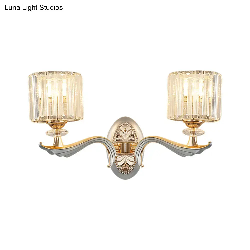 Gold Crystal Cylinder Sconce by Decorbites, dual-arm wall light with crystal shades on Tampa Home & Garden Store