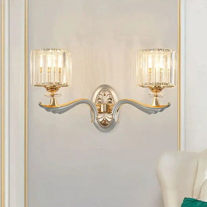 Gold Crystal Cylinder Sconce by Decorbites; double-arm wall light with crystal shades on Tampa Home & Garden Store