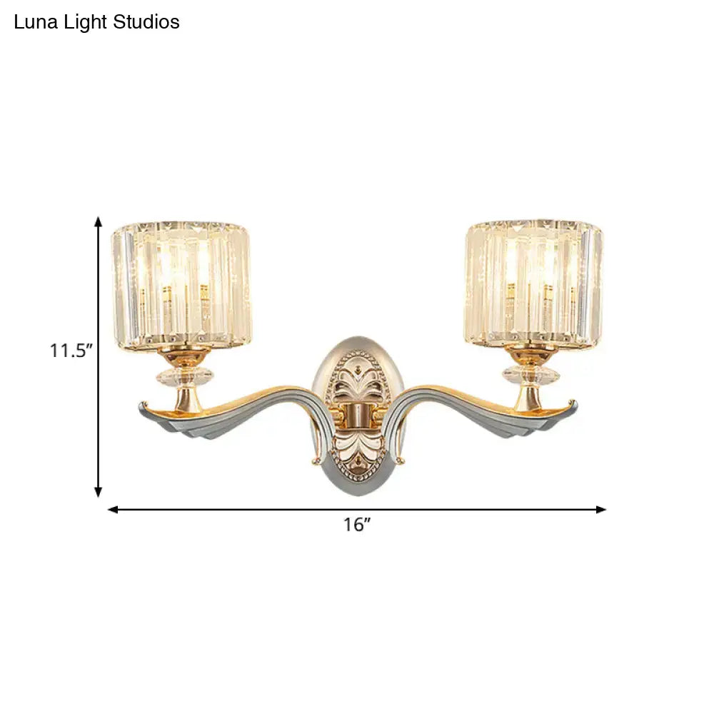 Gold Crystal Cylinder Sconce by Decorbites, double-arm wall light with ornate backplate on Tampa Home & Garden Store
