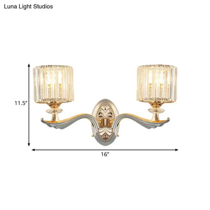 Gold Crystal Cylinder Sconce by Decorbites, double-arm wall light with ornate backplate on Tampa Home & Garden Store
