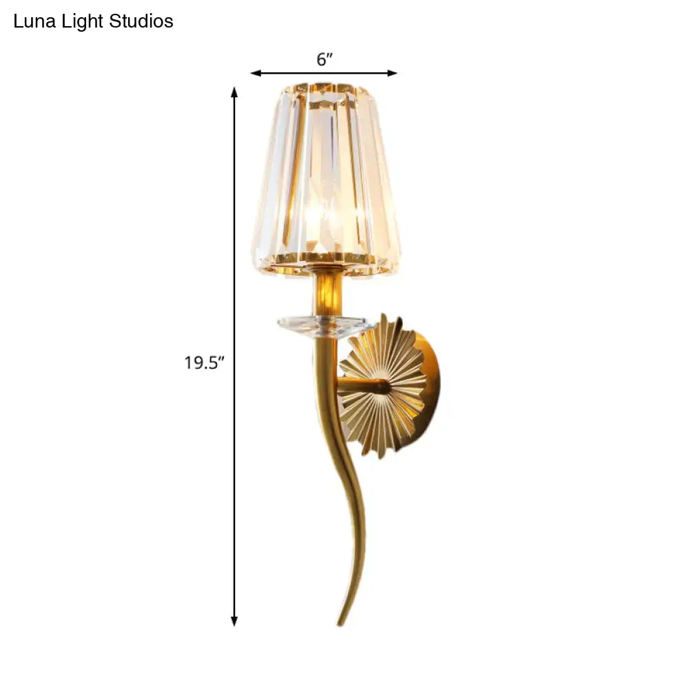 Gold tapered crystal stairway wall sconce by Decorbites, brass backplate 19.5 in tall on Tampa Home & Garden Store