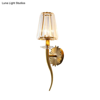 Gold tapered crystal sconce for stairways with faceted shade and curved arm Decorbites on Tampa Home & Garden Store