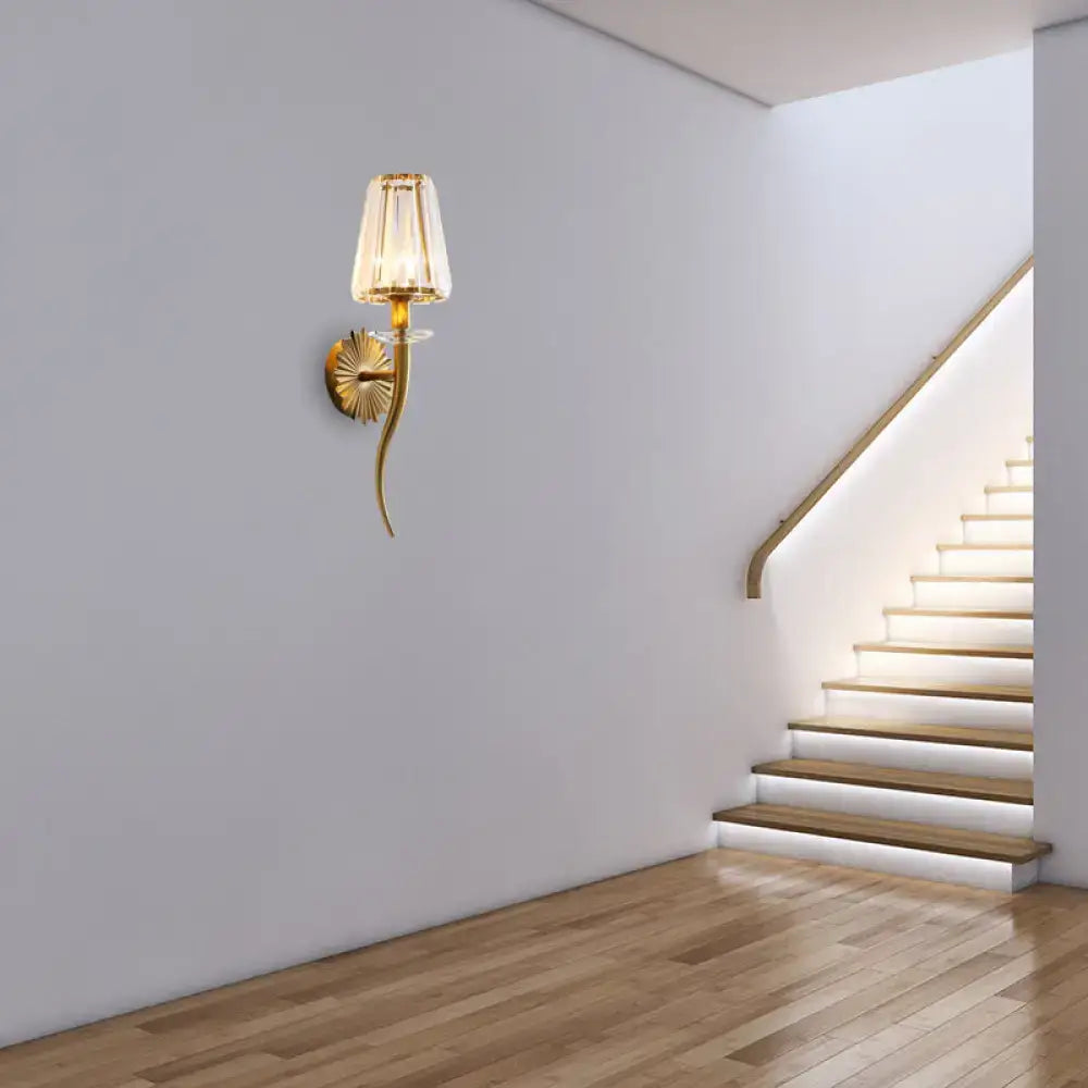 Gold tapered crystal sconce for stairs by Decorbites, wall-mount with ornate shade on Tampa Home & Garden Store