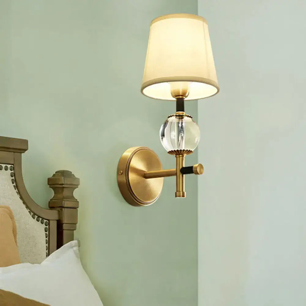 Gold Crystal Fabric Shade 2-Light Sconce by Decorbites with brass finish and crystal orb on Tampa Home & Garden Store