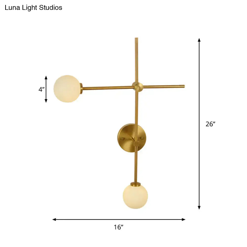 Gold Glass Wall Lamp by Decorbites, gold metal wall sconce with two frosted glass globes, 26in tall on Tampa Home & Garden Store