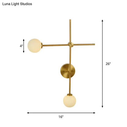 Gold Glass Wall Lamp by Decorbites, gold metal wall sconce with two frosted glass globes, 26in tall on Tampa Home & Garden Store