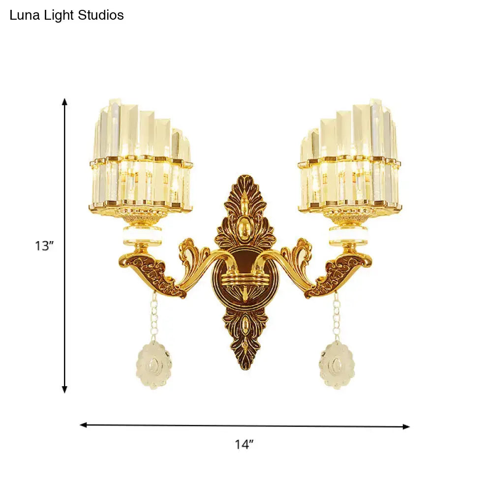 Gold Arc Crystal Sconce by Decorbites; ornate gold finish with two crystal shade sconces on Tampa Home & Garden Store