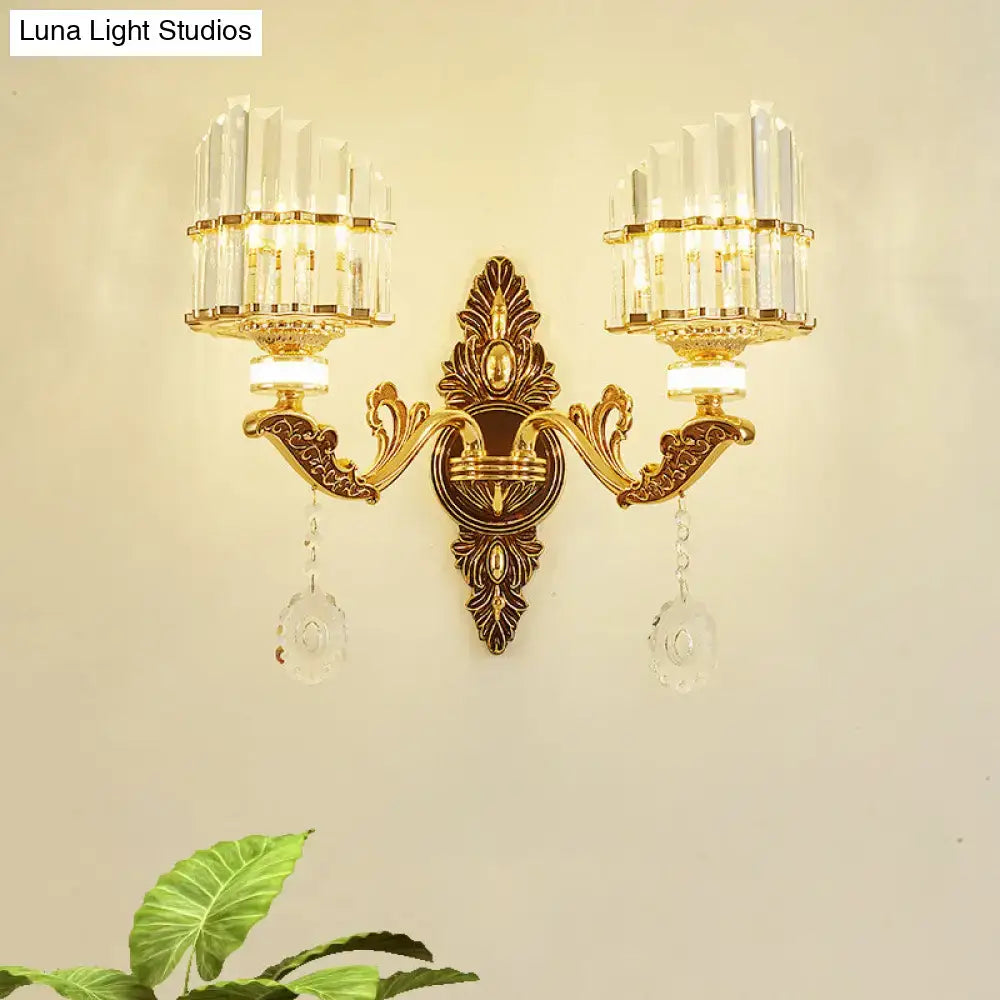 Gold Arc Crystal Sconce dual-arm ornate brass finish with crystal prisms by Decorbites on Tampa Home & Garden Store