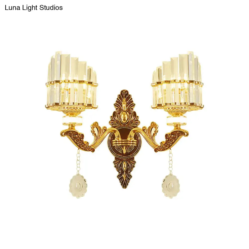 Gold Arc Crystal Sconce by Decorbites, ornate double-arm wall light with crystal prisms on Tampa Home & Garden Store