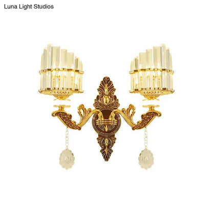 Gold Arc Crystal Sconce by Decorbites, ornate double-arm wall light with crystal prisms on Tampa Home & Garden Store