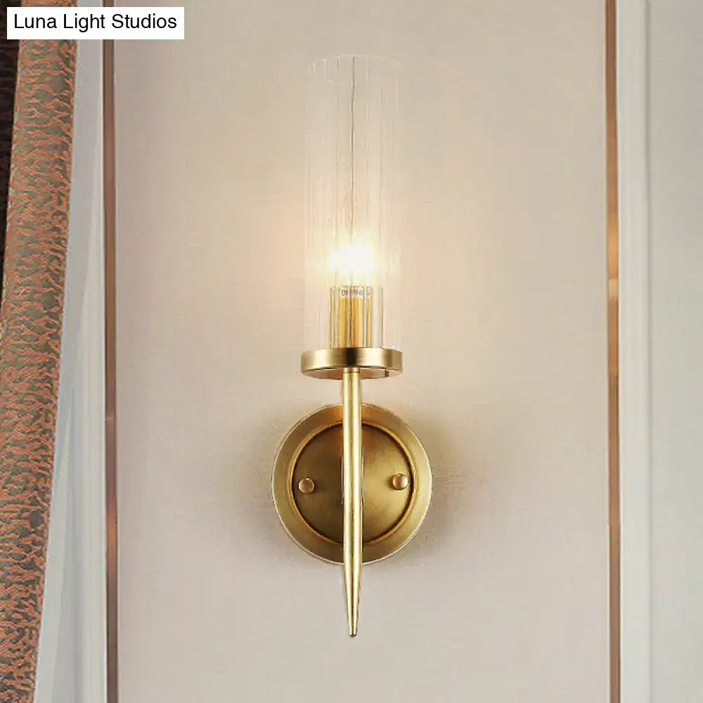 Gold Ribbed Glass Sconce with brass finish and cylindrical glass shade by Decorbites on Tampa Home & Garden Store