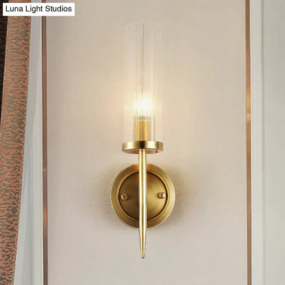 Gold Ribbed Glass Sconce with brass finish and cylindrical glass shade by Decorbites on Tampa Home & Garden Store